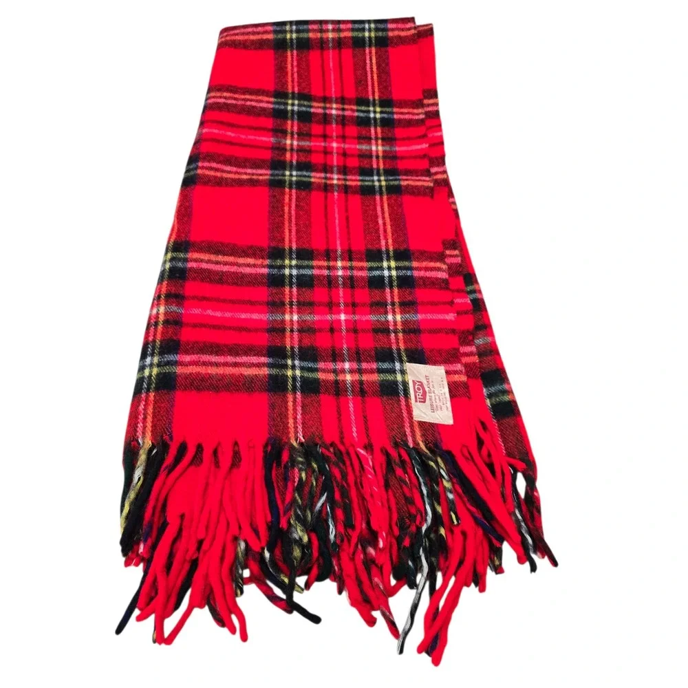 Vintage Troy Leisure Blanket Red Plaid Tartan Fringe Throw Made in USA 51x60